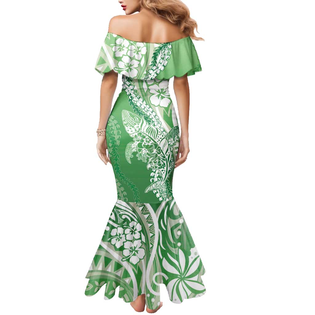 Hawaii Puakenikeni And Maile Lei Family Matching Mermaid Dress and Hawaiian Shirt Green Polynesian Shark Tattoo DT05 - Polynesian Pride