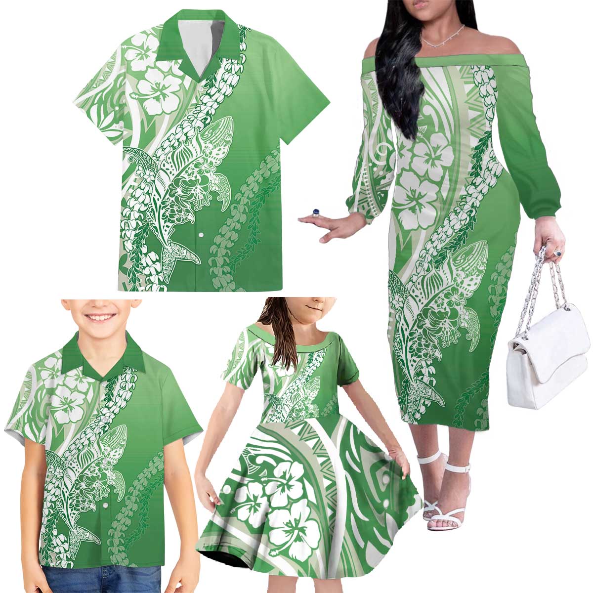 Hawaii Puakenikeni And Maile Lei Family Matching Off The Shoulder Long Sleeve Dress and Hawaiian Shirt Green Polynesian Shark Tattoo DT05
