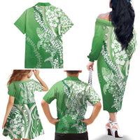 Hawaii Puakenikeni And Maile Lei Family Matching Off The Shoulder Long Sleeve Dress and Hawaiian Shirt Green Polynesian Shark Tattoo DT05
