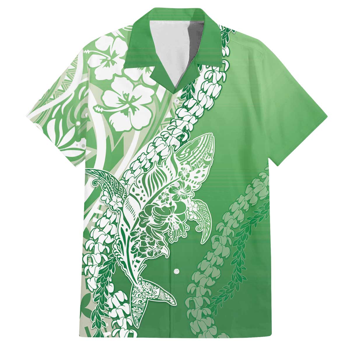 Hawaii Puakenikeni And Maile Lei Family Matching Off The Shoulder Long Sleeve Dress and Hawaiian Shirt Green Polynesian Shark Tattoo DT05