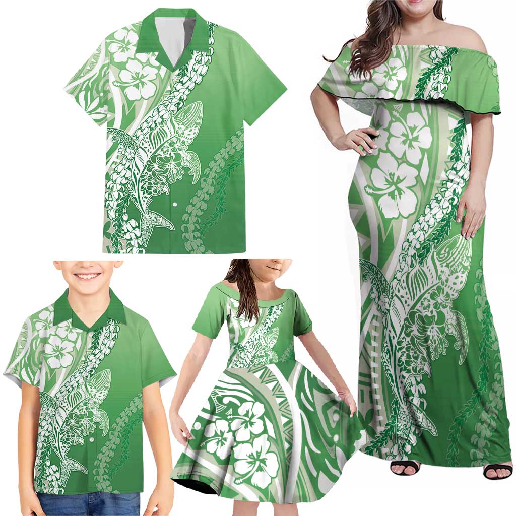 Hawaii Puakenikeni And Maile Lei Family Matching Off Shoulder Maxi Dress and Hawaiian Shirt Green Polynesian Shark Tattoo DT05 - Polynesian Pride