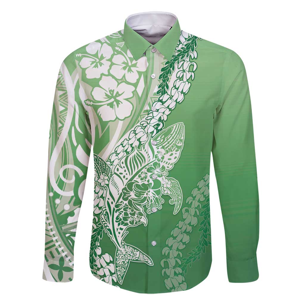 Hawaii Puakenikeni And Maile Lei Family Matching Off Shoulder Maxi Dress and Hawaiian Shirt Green Polynesian Shark Tattoo DT05 Dad's Shirt - Long Sleeve Green - Polynesian Pride