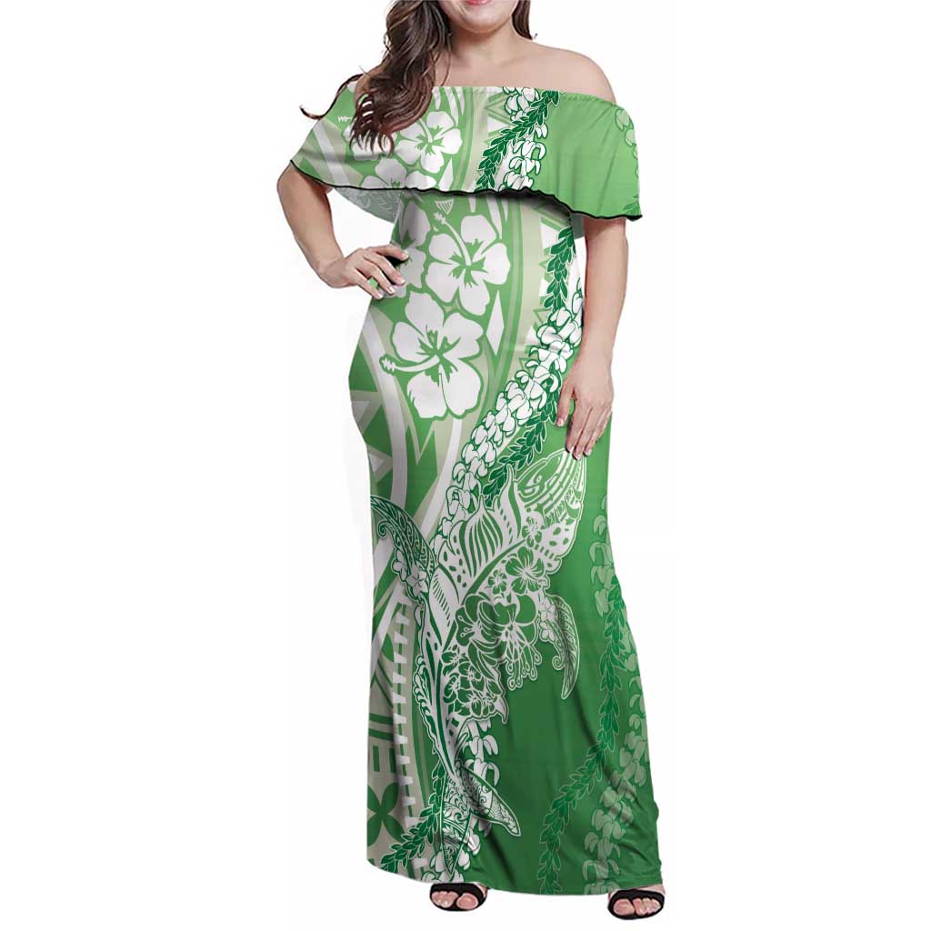 Hawaii Puakenikeni And Maile Lei Family Matching Off Shoulder Maxi Dress and Hawaiian Shirt Green Polynesian Shark Tattoo DT05 Mom's Dress Green - Polynesian Pride