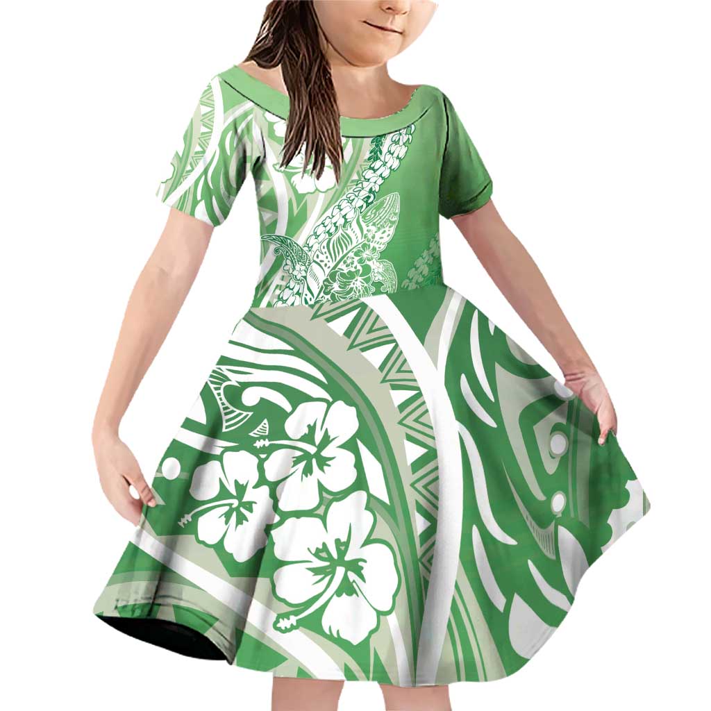 Hawaii Puakenikeni And Maile Lei Family Matching Off Shoulder Short Dress and Hawaiian Shirt Green Polynesian Shark Tattoo DT05