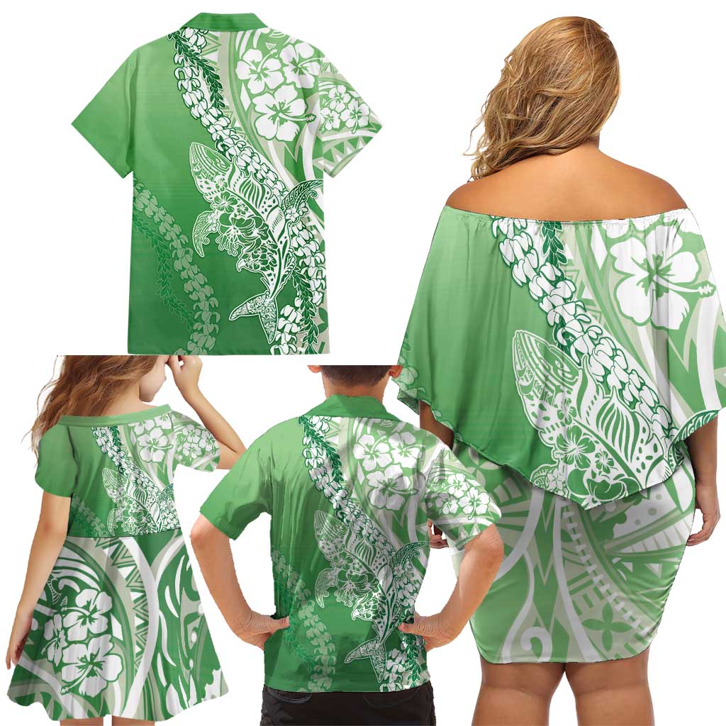 Hawaii Puakenikeni And Maile Lei Family Matching Off Shoulder Short Dress and Hawaiian Shirt Green Polynesian Shark Tattoo DT05
