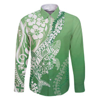 Hawaii Puakenikeni And Maile Lei Family Matching Puletasi and Hawaiian Shirt Green Polynesian Shark Tattoo DT05 Dad's Shirt - Long Sleeve Green - Polynesian Pride
