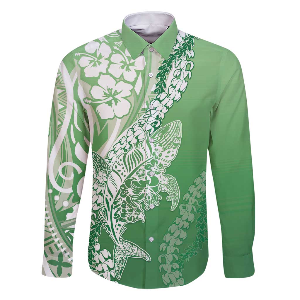 Hawaii Puakenikeni And Maile Lei Family Matching Short Sleeve Bodycon Dress and Hawaiian Shirt Green Polynesian Shark Tattoo DT05