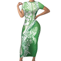 Hawaii Puakenikeni And Maile Lei Family Matching Short Sleeve Bodycon Dress and Hawaiian Shirt Green Polynesian Shark Tattoo DT05