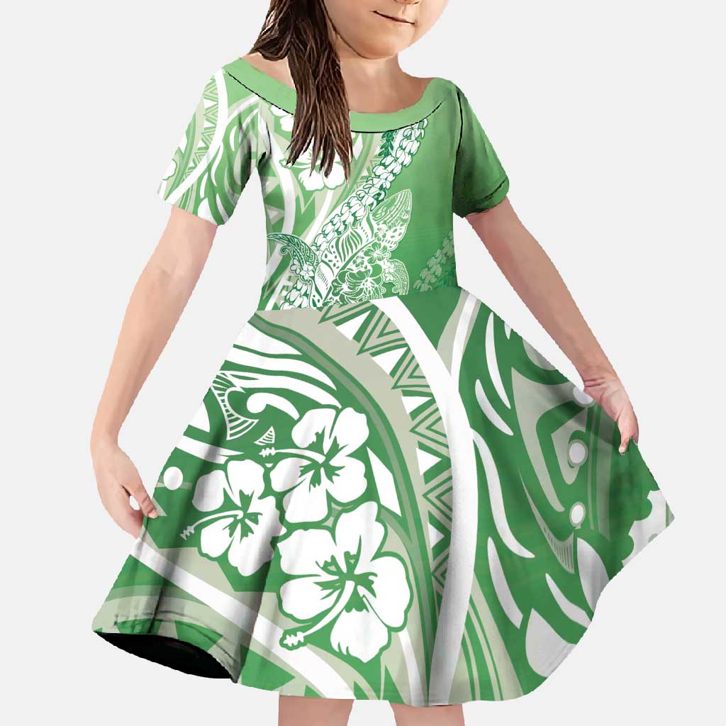 Hawaii Puakenikeni And Maile Lei Family Matching Summer Maxi Dress and Hawaiian Shirt Green Polynesian Shark Tattoo DT05 Daughter's Dress Green - Polynesian Pride