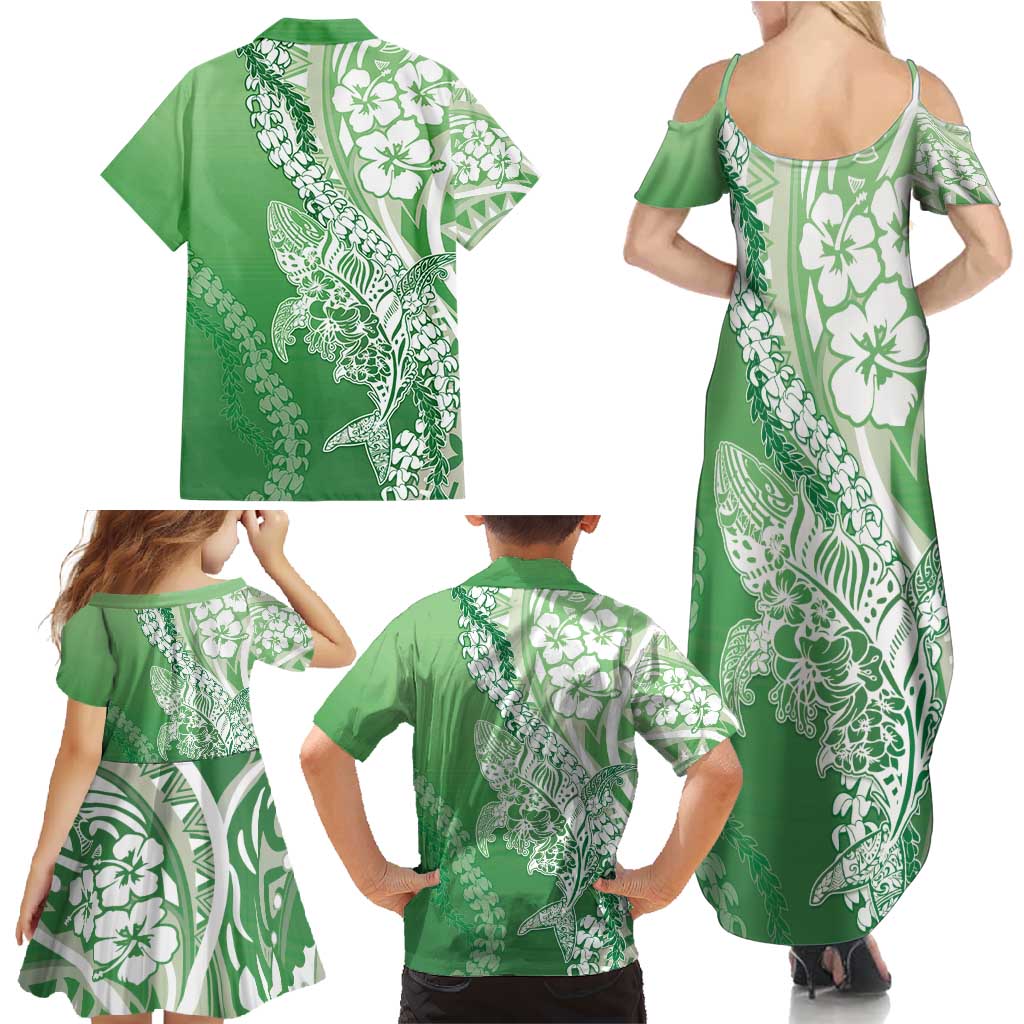 Hawaii Puakenikeni And Maile Lei Family Matching Summer Maxi Dress and Hawaiian Shirt Green Polynesian Shark Tattoo DT05 - Polynesian Pride