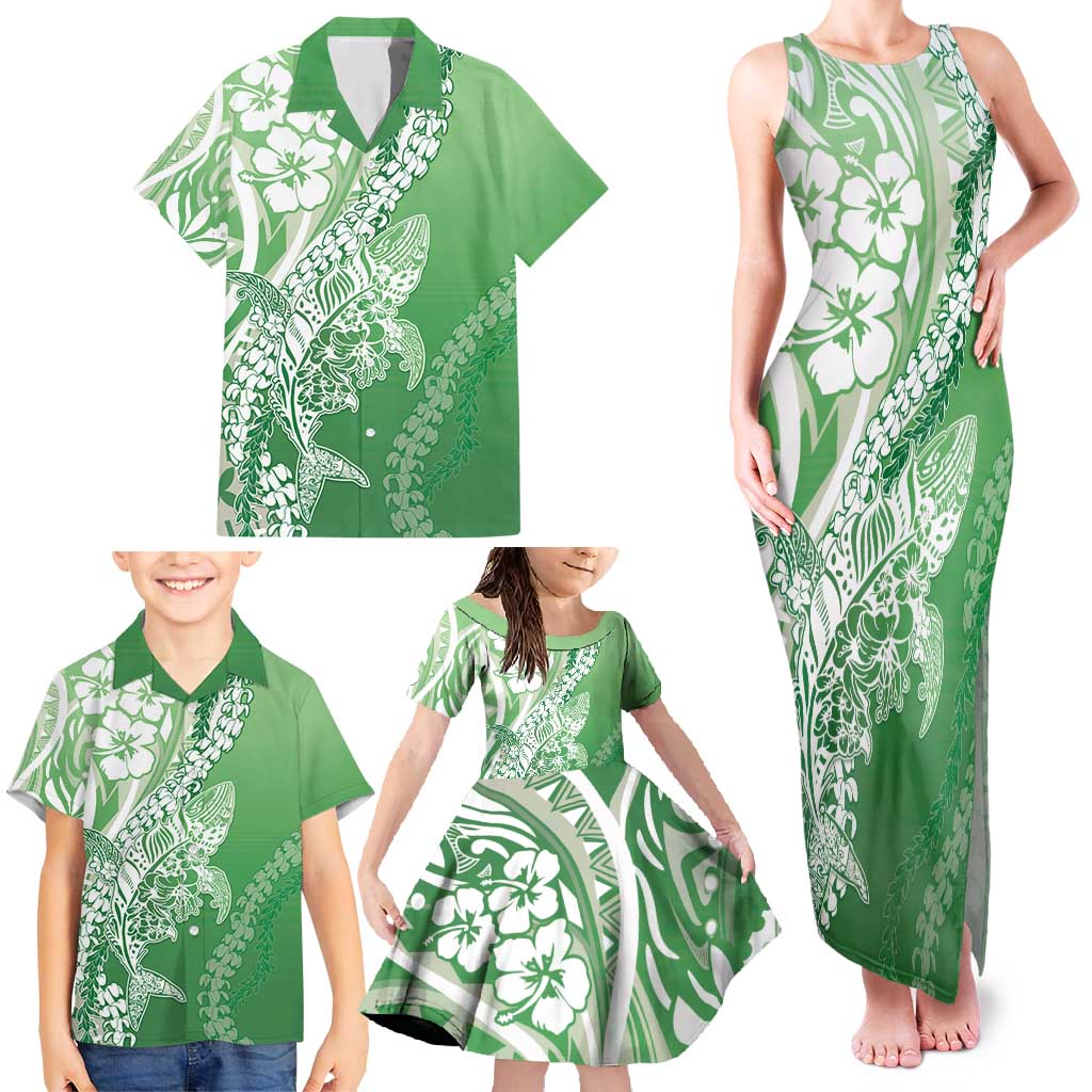 Hawaii Puakenikeni And Maile Lei Family Matching Tank Maxi Dress and Hawaiian Shirt Green Polynesian Shark Tattoo DT05