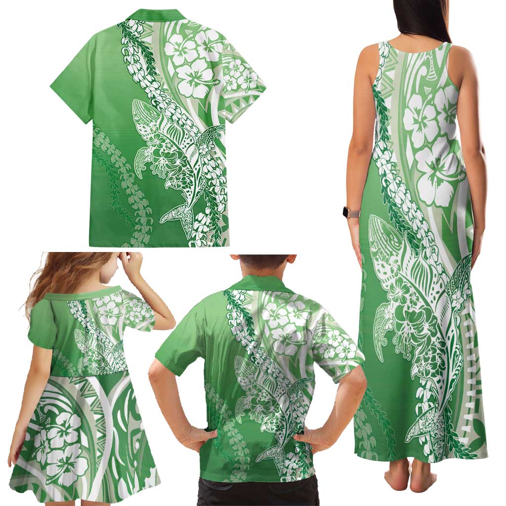 Hawaii Puakenikeni And Maile Lei Family Matching Tank Maxi Dress and Hawaiian Shirt Green Polynesian Shark Tattoo DT05