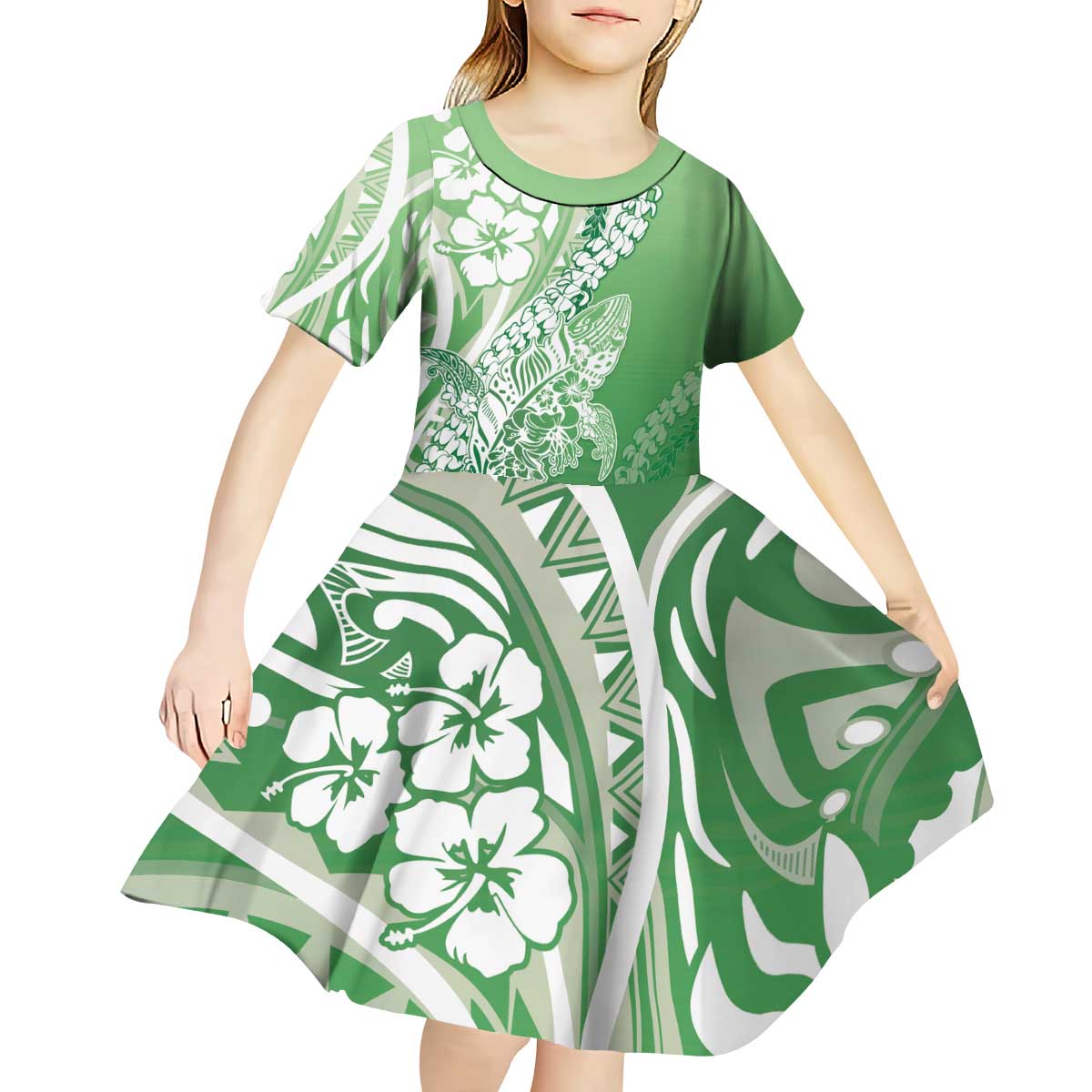 Hawaii Puakenikeni And Maile Lei Kid Short Sleeve Dress Green Polynesian Shark Tattoo DT05 - Polynesian Pride