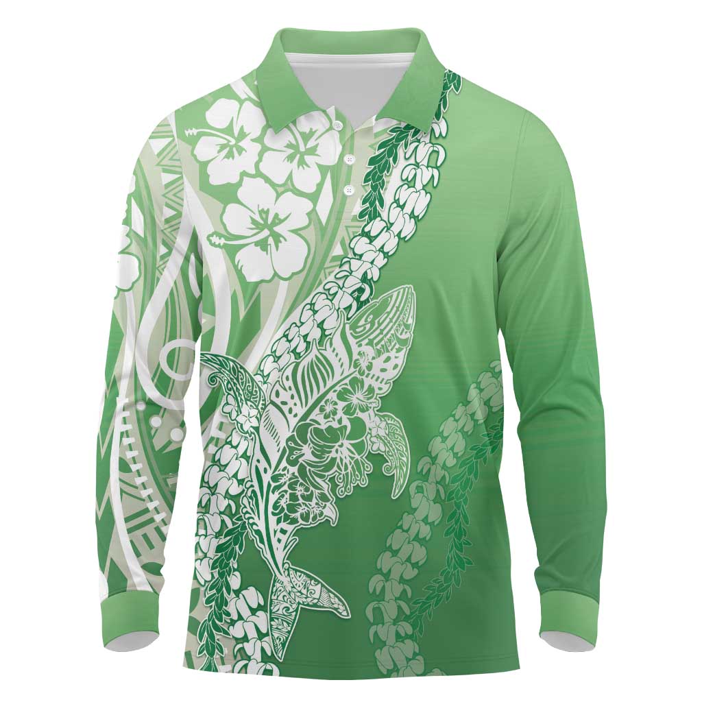 Hawaii Puakenikeni And Maile Lei Long Sleeve Polo Shirt Green Polynesian Shark Tattoo DT05 Green - Polynesian Pride