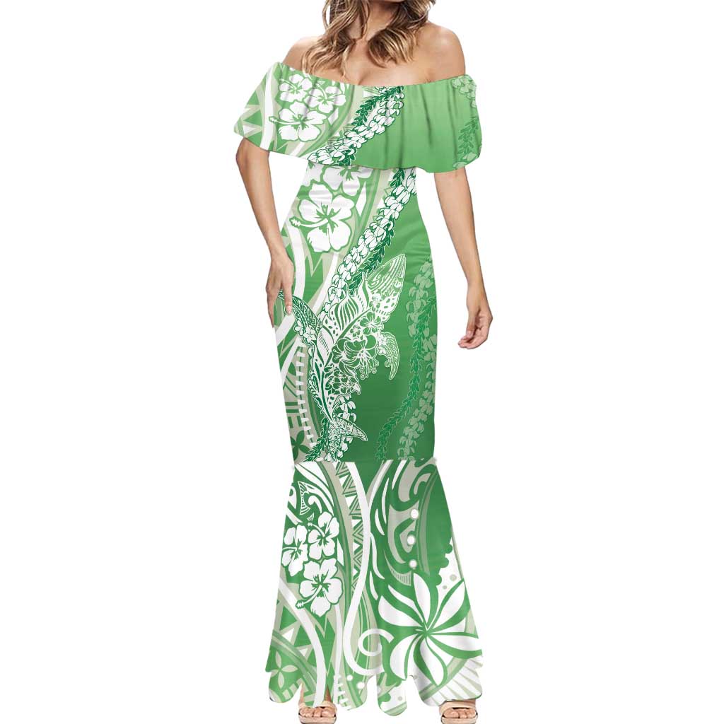 Hawaii Puakenikeni And Maile Lei Mermaid Dress Green Polynesian Shark Tattoo DT05 - Polynesian Pride