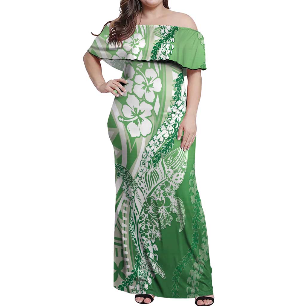Hawaii Puakenikeni And Maile Lei Off Shoulder Maxi Dress Green Polynesian Shark Tattoo DT05 Women Green - Polynesian Pride
