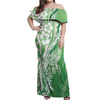 Hawaii Puakenikeni And Maile Lei Off Shoulder Maxi Dress Green Polynesian Shark Tattoo DT05 Women Green - Polynesian Pride