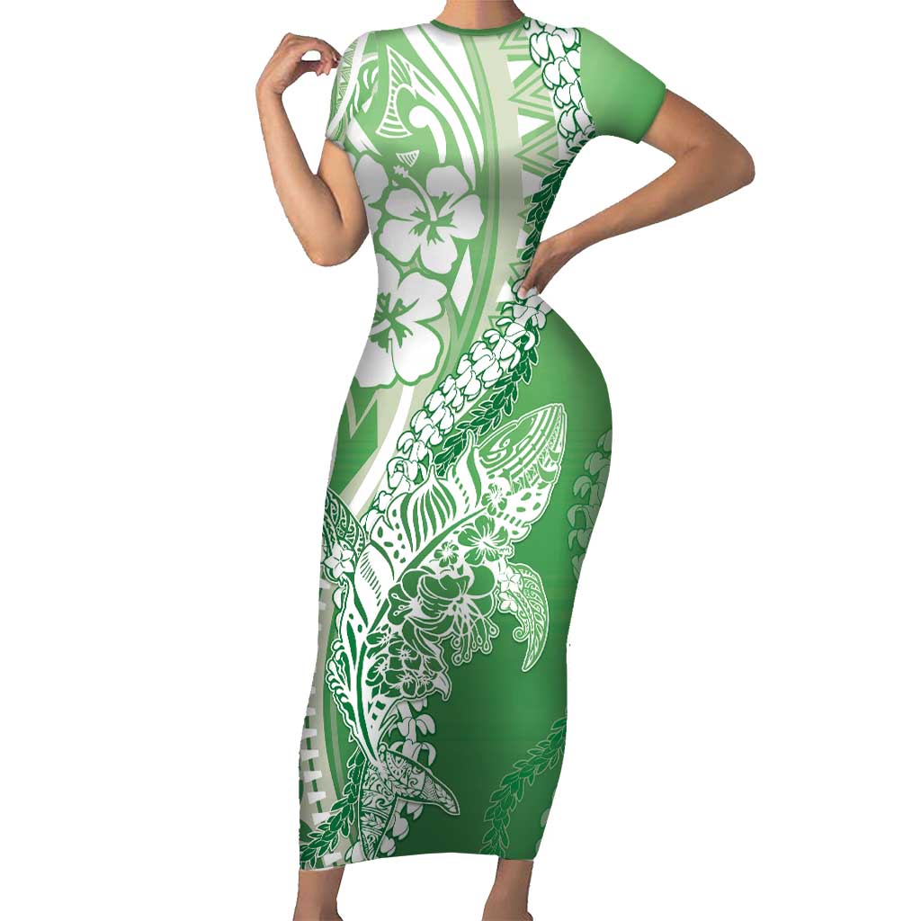 Hawaii Puakenikeni And Maile Lei Short Sleeve Bodycon Dress Green Polynesian Shark Tattoo DT05 Long Dress Green - Polynesian Pride