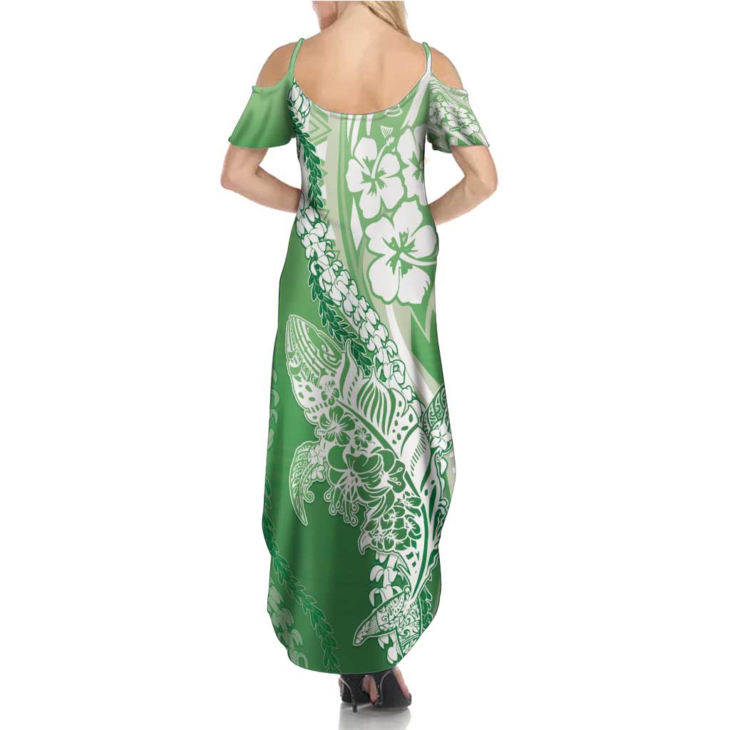 Hawaii Puakenikeni And Maile Lei Summer Maxi Dress Green Polynesian Shark Tattoo DT05 - Polynesian Pride