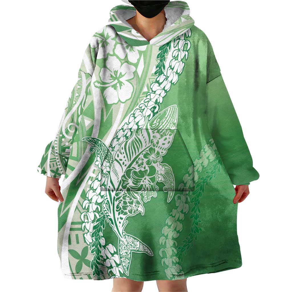 Hawaii Puakenikeni And Maile Lei Wearable Blanket Hoodie Green Polynesian Shark Tattoo DT05 - Polynesian Pride
