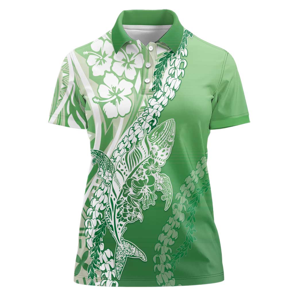 Hawaii Puakenikeni And Maile Lei Women Polo Shirt Green Polynesian Shark Tattoo DT05