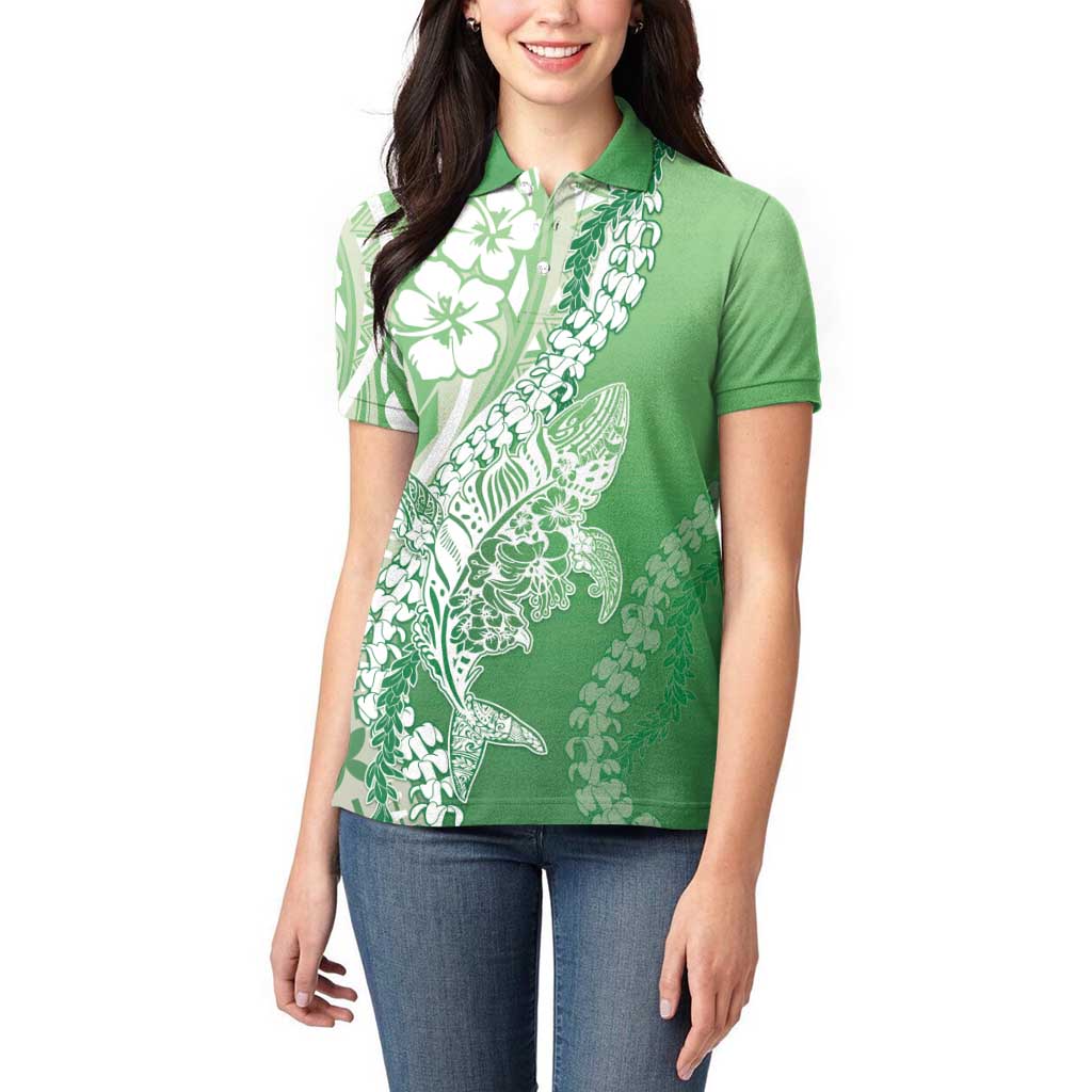Hawaii Puakenikeni And Maile Lei Women Polo Shirt Green Polynesian Shark Tattoo DT05 - Polynesian Pride