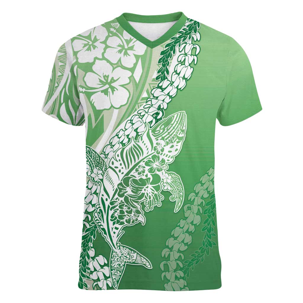 Hawaii Puakenikeni And Maile Lei Women V-Neck T-Shirt Green Polynesian Shark Tattoo DT05 Female Green - Polynesian Pride