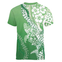 Hawaii Puakenikeni And Maile Lei Women V-Neck T-Shirt Green Polynesian Shark Tattoo DT05 - Polynesian Pride