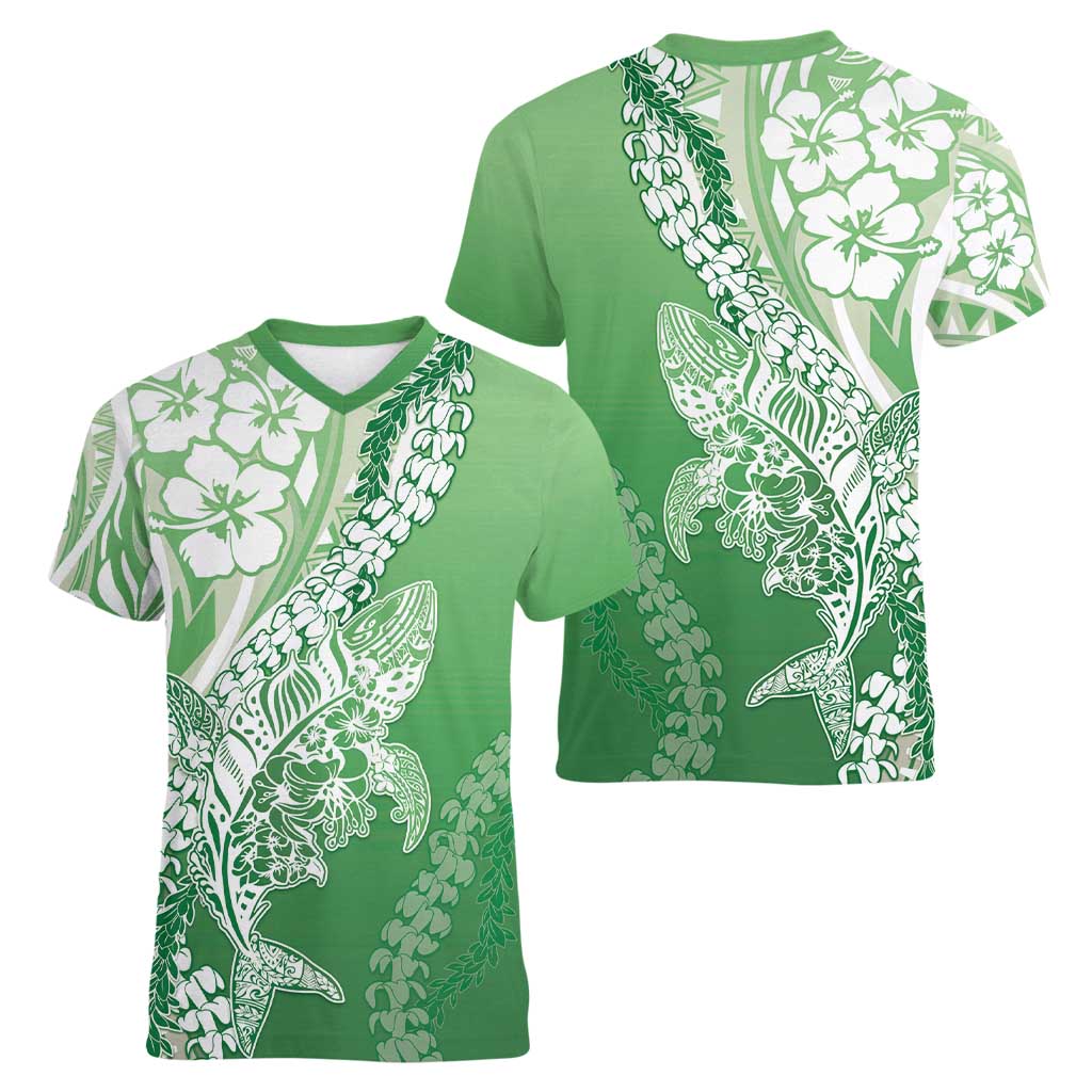 Hawaii Puakenikeni And Maile Lei Women V-Neck T-Shirt Green Polynesian Shark Tattoo DT05 - Polynesian Pride