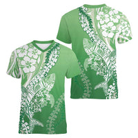 Hawaii Puakenikeni And Maile Lei Women V-Neck T-Shirt Green Polynesian Shark Tattoo DT05 - Polynesian Pride