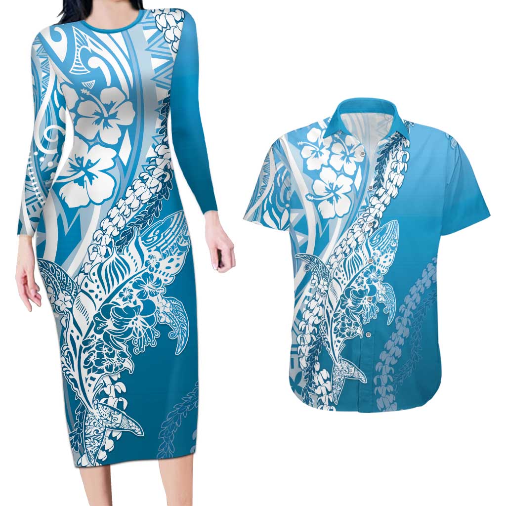 Hawaii Puakenikeni And Maile Lei Couples Matching Long Sleeve Bodycon Dress and Hawaiian Shirt Blue Polynesian Shark Tattoo DT05