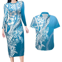 Hawaii Puakenikeni And Maile Lei Couples Matching Long Sleeve Bodycon Dress and Hawaiian Shirt Blue Polynesian Shark Tattoo DT05