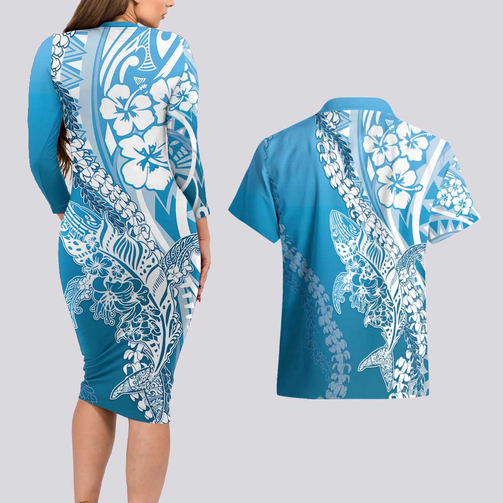 Hawaii Puakenikeni And Maile Lei Couples Matching Long Sleeve Bodycon Dress and Hawaiian Shirt Blue Polynesian Shark Tattoo DT05