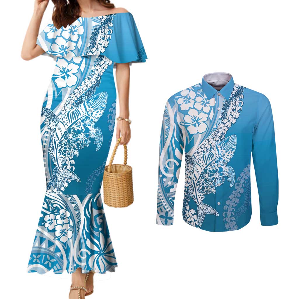 Hawaii Puakenikeni And Maile Lei Couples Matching Mermaid Dress and Long Sleeve Button Shirt Blue Polynesian Shark Tattoo DT05