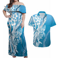 Hawaii Puakenikeni And Maile Lei Couples Matching Off Shoulder Maxi Dress and Hawaiian Shirt Blue Polynesian Shark Tattoo DT05