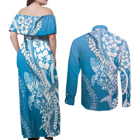 Hawaii Puakenikeni And Maile Lei Couples Matching Off Shoulder Maxi Dress and Long Sleeve Button Shirt Blue Polynesian Shark Tattoo DT05