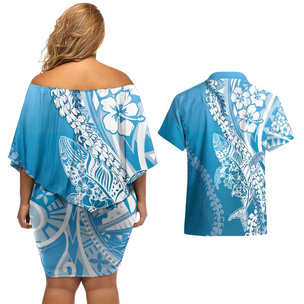 Hawaii Puakenikeni And Maile Lei Couples Matching Off Shoulder Short Dress and Hawaiian Shirt Blue Polynesian Shark Tattoo DT05