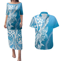 Hawaii Puakenikeni And Maile Lei Couples Matching Puletasi and Hawaiian Shirt Blue Polynesian Shark Tattoo DT05 Blue - Polynesian Pride