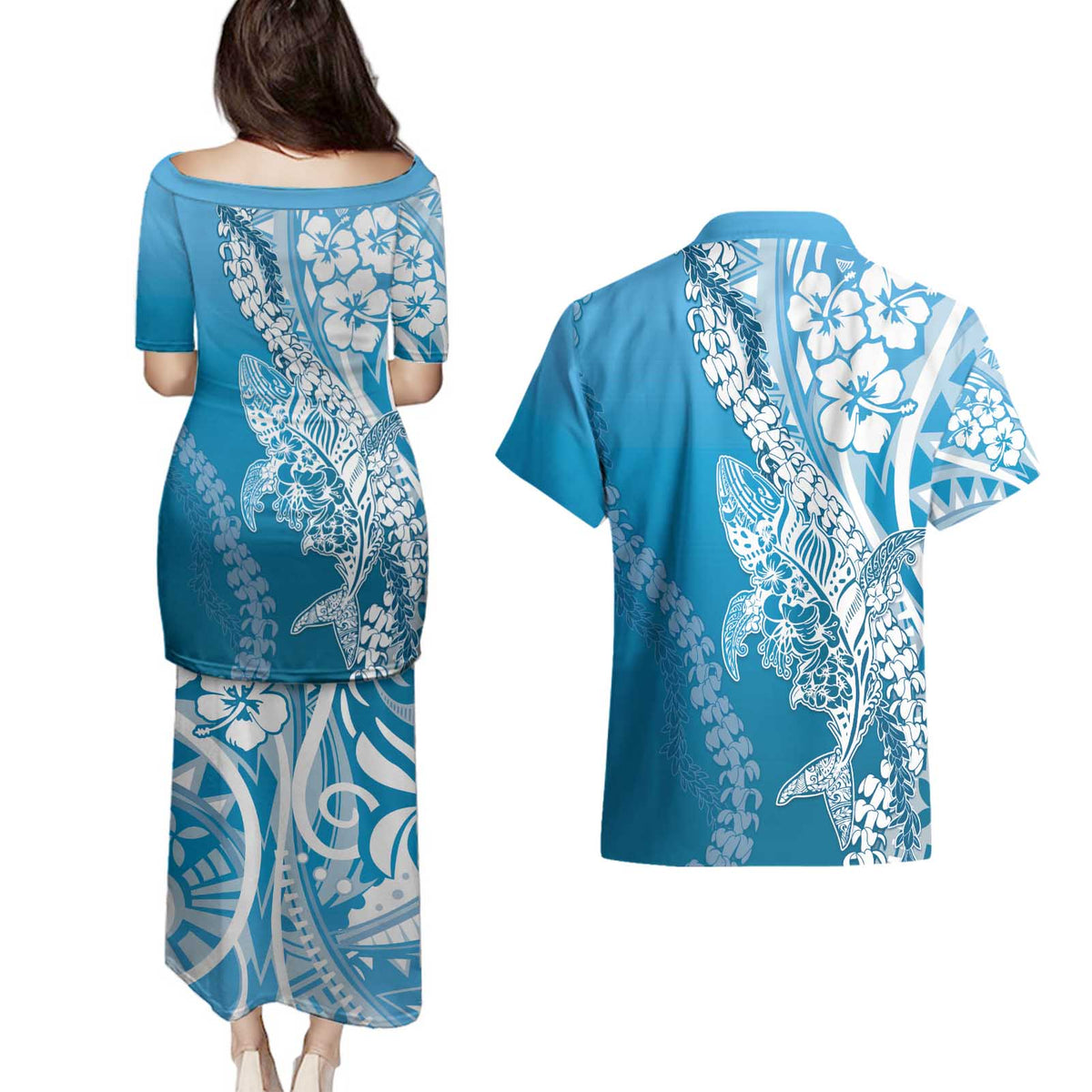 Hawaii Puakenikeni And Maile Lei Couples Matching Puletasi and Hawaiian Shirt Blue Polynesian Shark Tattoo DT05 - Polynesian Pride