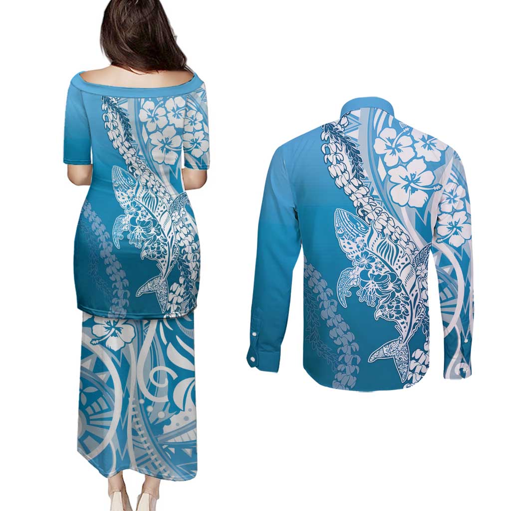 Hawaii Puakenikeni And Maile Lei Couples Matching Puletasi and Long Sleeve Button Shirt Blue Polynesian Shark Tattoo DT05 - Polynesian Pride