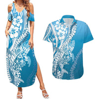 Hawaii Puakenikeni And Maile Lei Couples Matching Summer Maxi Dress and Hawaiian Shirt Blue Polynesian Shark Tattoo DT05