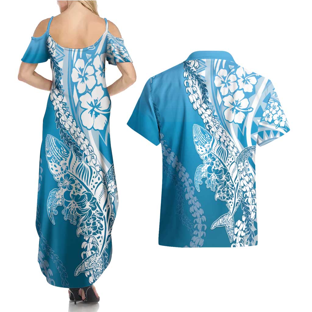 Hawaii Puakenikeni And Maile Lei Couples Matching Summer Maxi Dress and Hawaiian Shirt Blue Polynesian Shark Tattoo DT05