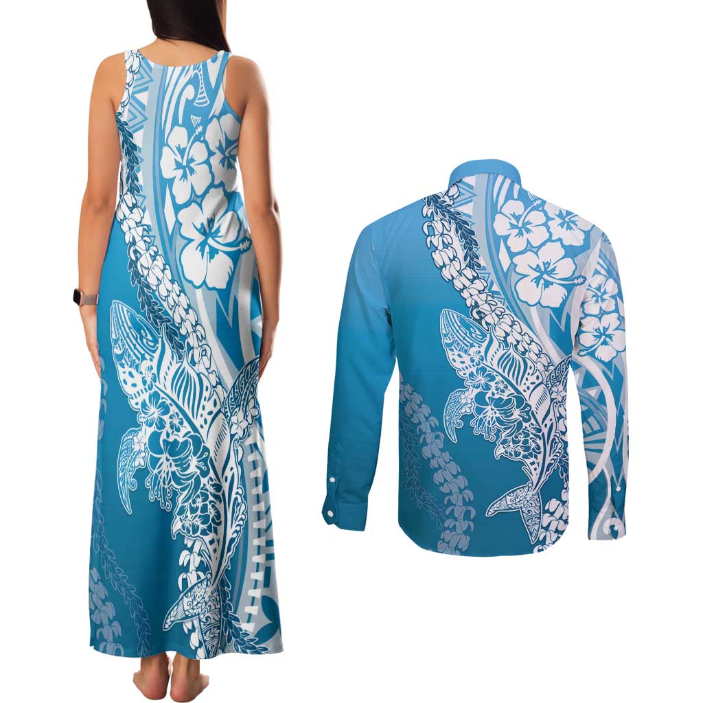 Hawaii Puakenikeni And Maile Lei Couples Matching Tank Maxi Dress and Long Sleeve Button Shirt Blue Polynesian Shark Tattoo DT05