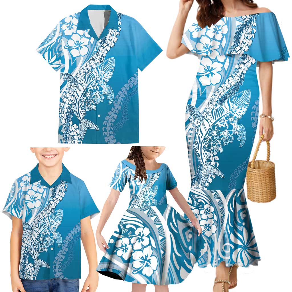 Hawaii Puakenikeni And Maile Lei Family Matching Mermaid Dress and Hawaiian Shirt Blue Polynesian Shark Tattoo DT05