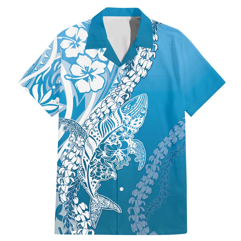 Hawaii Puakenikeni And Maile Lei Family Matching Mermaid Dress and Hawaiian Shirt Blue Polynesian Shark Tattoo DT05 Dad's Shirt - Short Sleeve Blue - Polynesian Pride