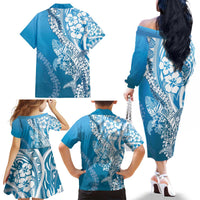 Hawaii Puakenikeni And Maile Lei Family Matching Off The Shoulder Long Sleeve Dress and Hawaiian Shirt Blue Polynesian Shark Tattoo DT05