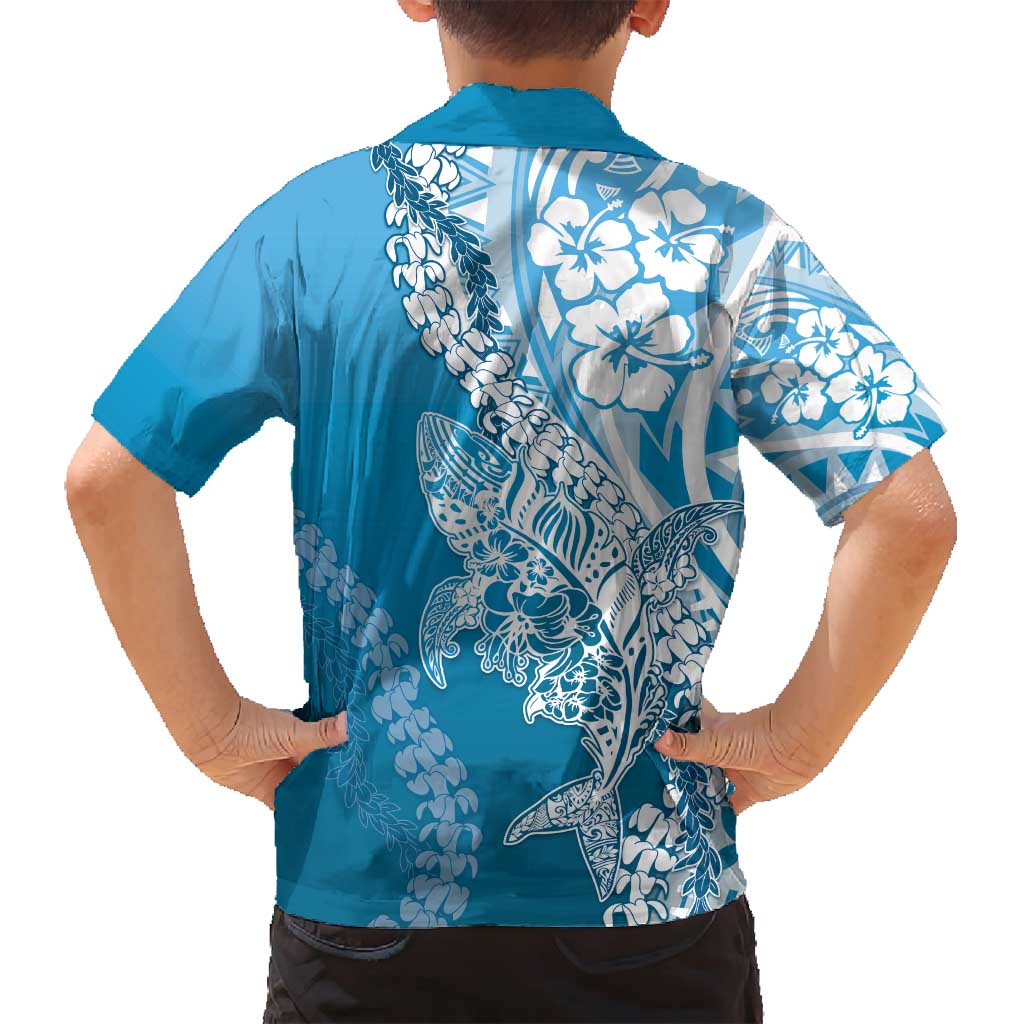 Hawaii Puakenikeni And Maile Lei Family Matching Off Shoulder Maxi Dress and Hawaiian Shirt Blue Polynesian Shark Tattoo DT05 - Polynesian Pride