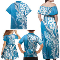 Hawaii Puakenikeni And Maile Lei Family Matching Off Shoulder Maxi Dress and Hawaiian Shirt Blue Polynesian Shark Tattoo DT05 - Polynesian Pride