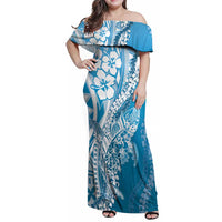 Hawaii Puakenikeni And Maile Lei Family Matching Off Shoulder Maxi Dress and Hawaiian Shirt Blue Polynesian Shark Tattoo DT05 Mom's Dress Blue - Polynesian Pride