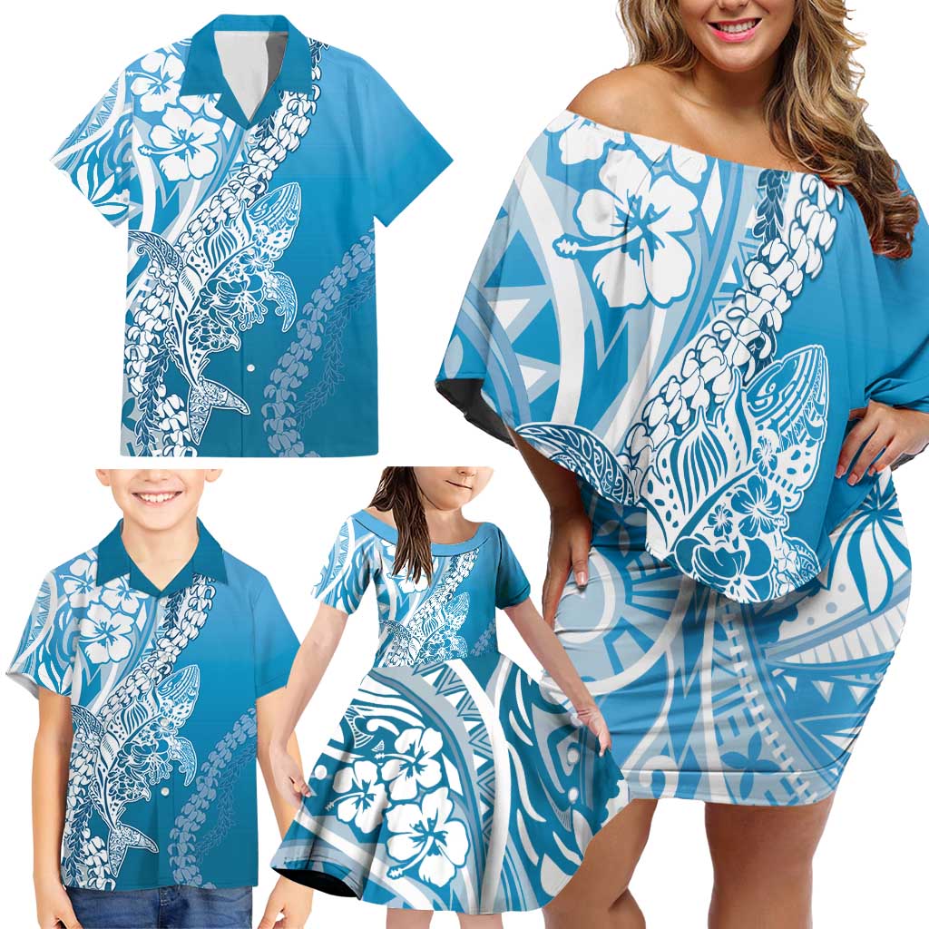 Hawaii Puakenikeni And Maile Lei Family Matching Off Shoulder Short Dress and Hawaiian Shirt Blue Polynesian Shark Tattoo DT05